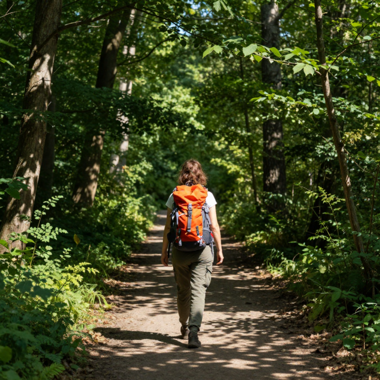 Frau wandert alleine durch einen Berliner Wald